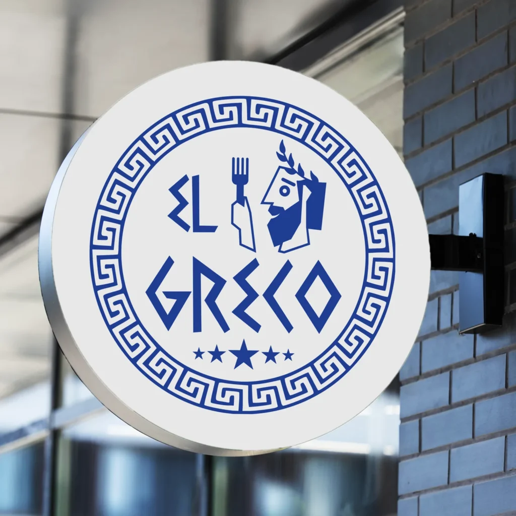 Logo restauracji El Greco – styl grecki, niebiesko-biała kolorystyka.