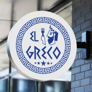 Logo restauracji El Greco – styl grecki, niebiesko-biała kolorystyka.