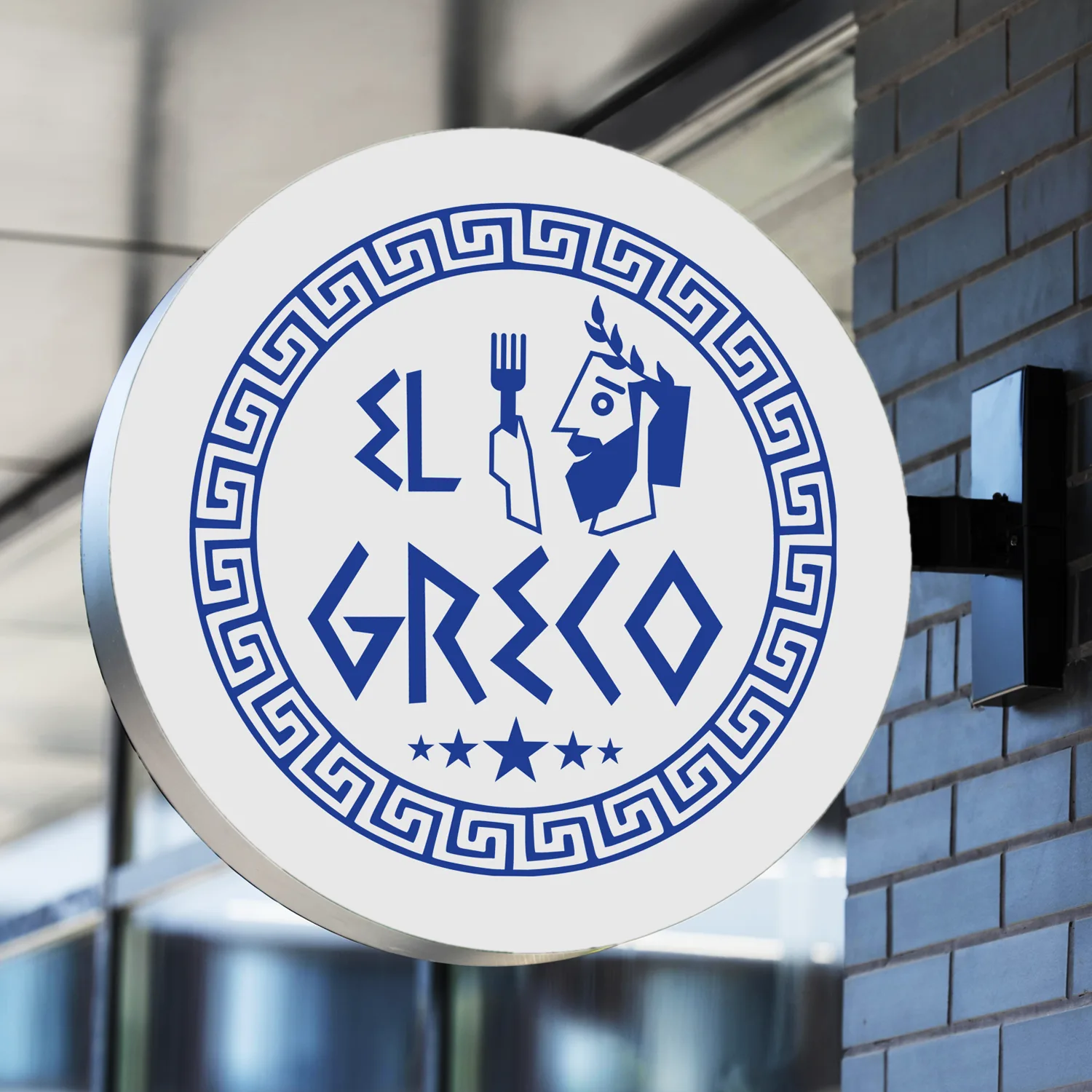 Logo restauracji El Greco – styl grecki, niebiesko-biała kolorystyka.