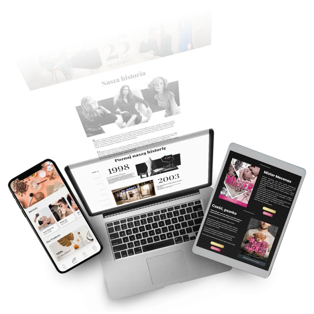 Makieta nowoczesnej strony internetowej wyświetlonej na laptopie, tablecie i smartfonie. Projekt responsywny, dopasowany do różnych urządzeń, z estetycznym układem i przejrzystym designem.